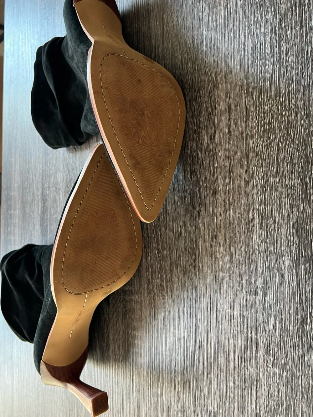 Vince Camuto Black Suede Pointed Ankle Booties with Wood Stacked Heel | Size 8